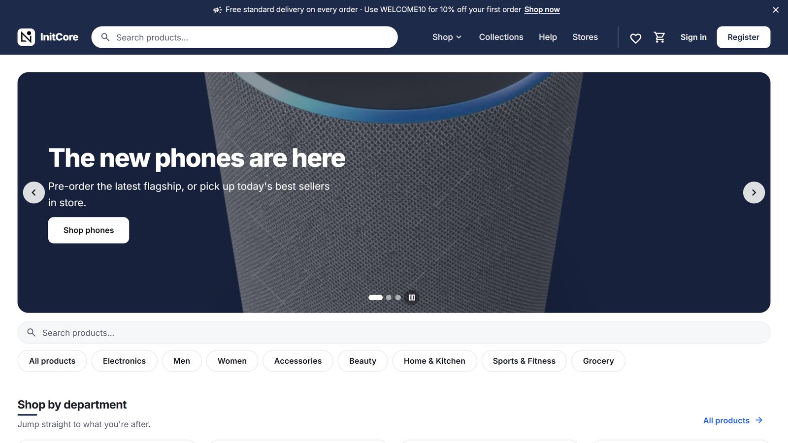 Store homepage with banner and departments