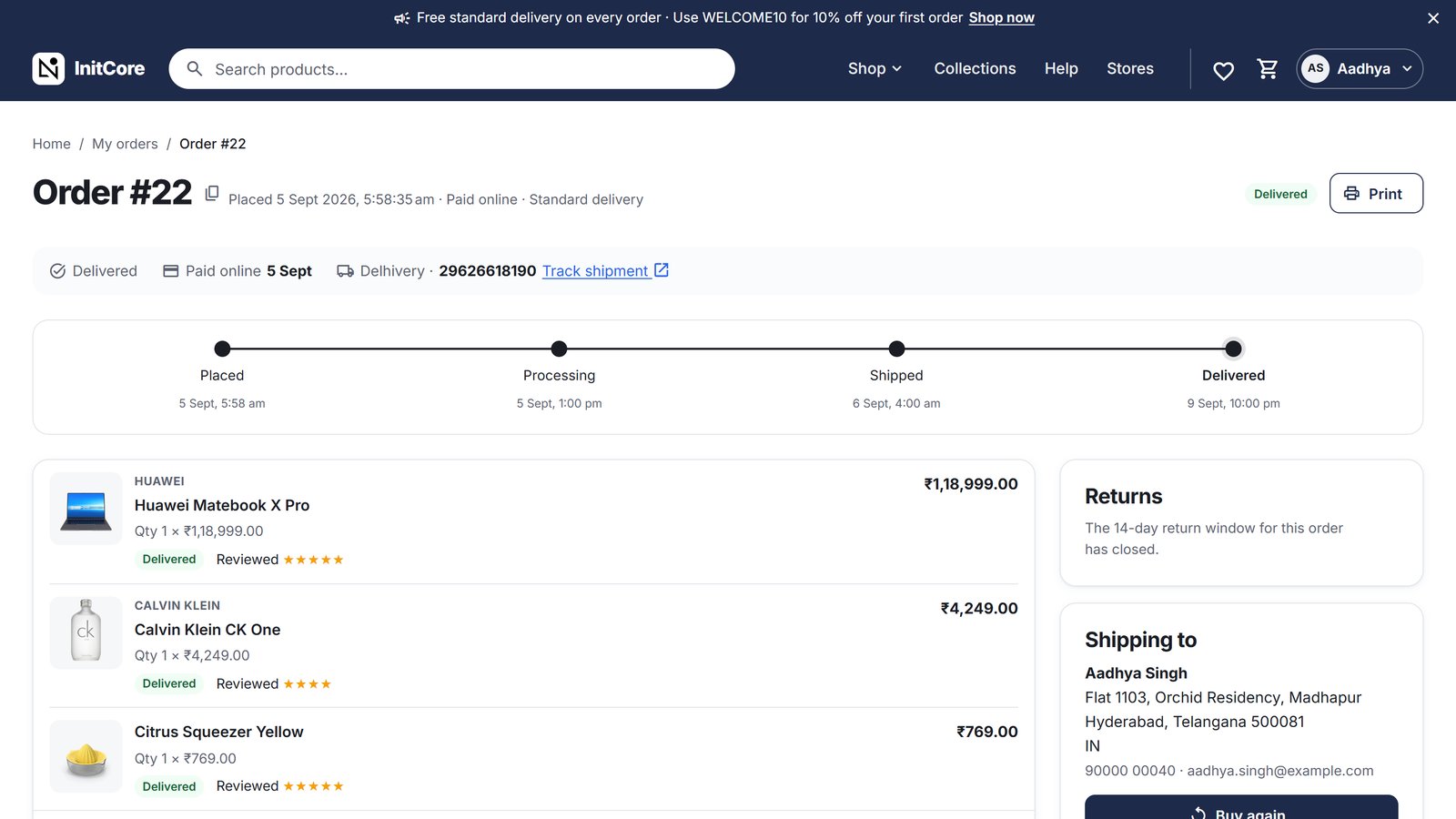 Customer order tracking page