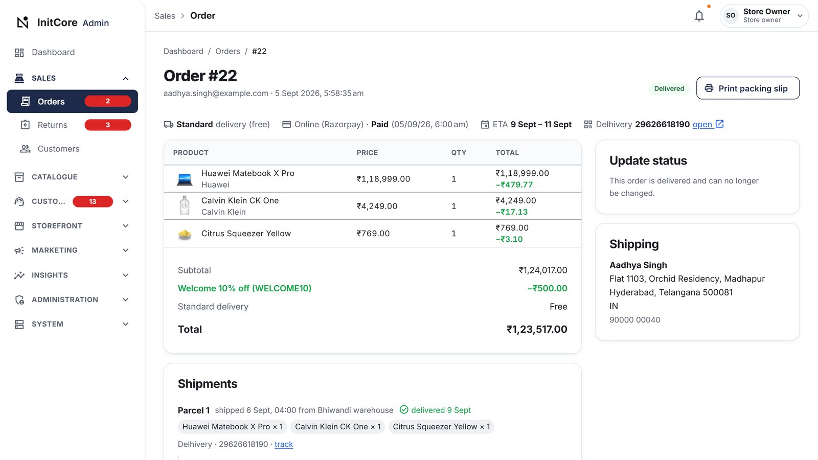 Back-office order page with parcel history