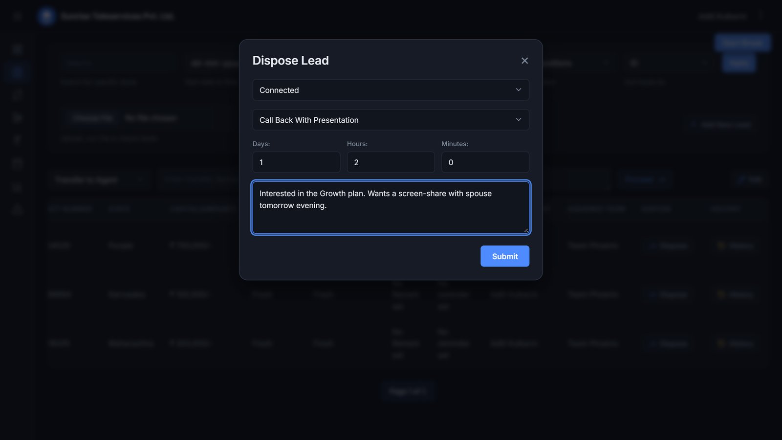 Dispose Lead dialog with call outcome, call-back reminder and remark