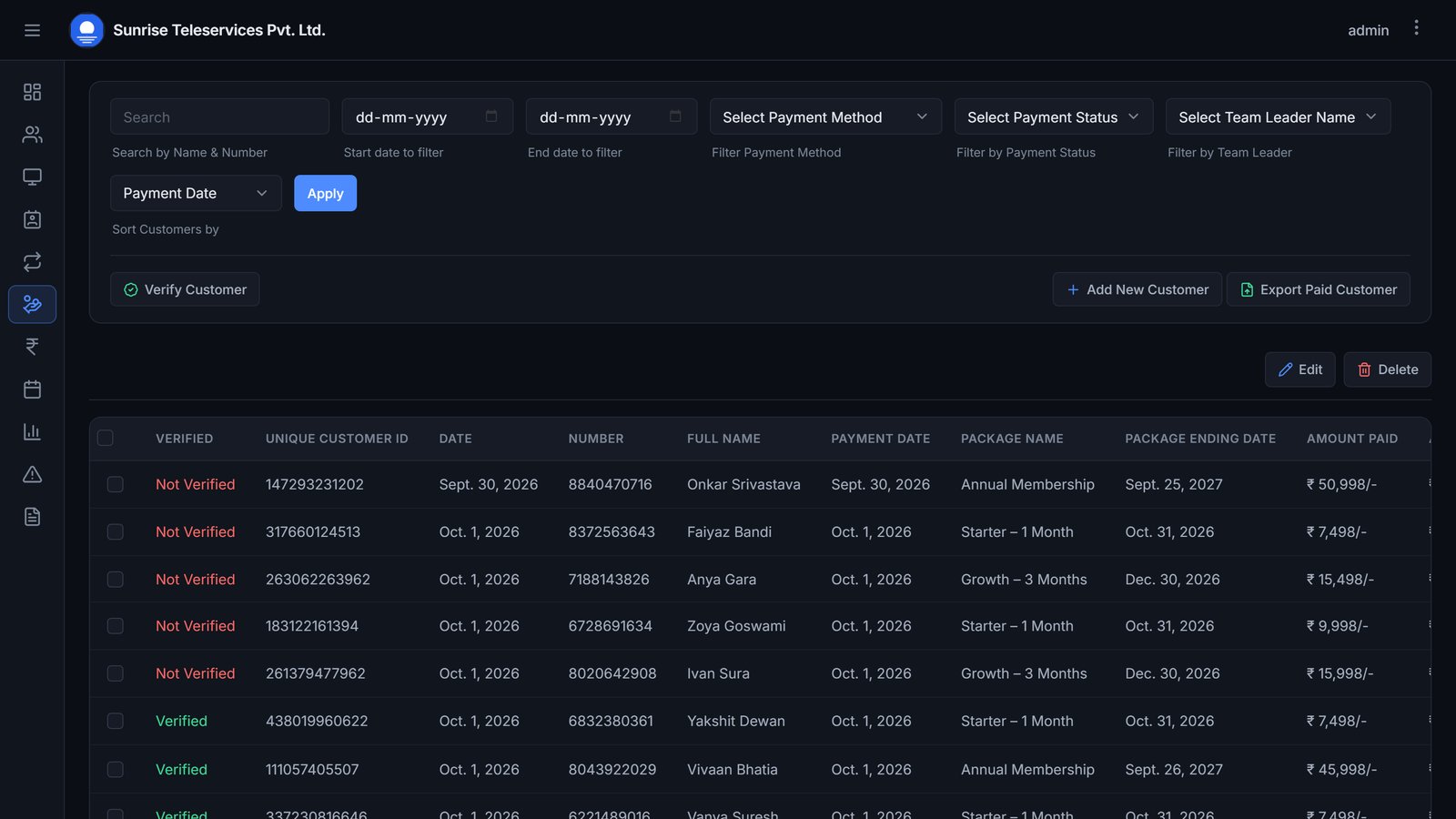 Paid customers list with verified and unverified payments