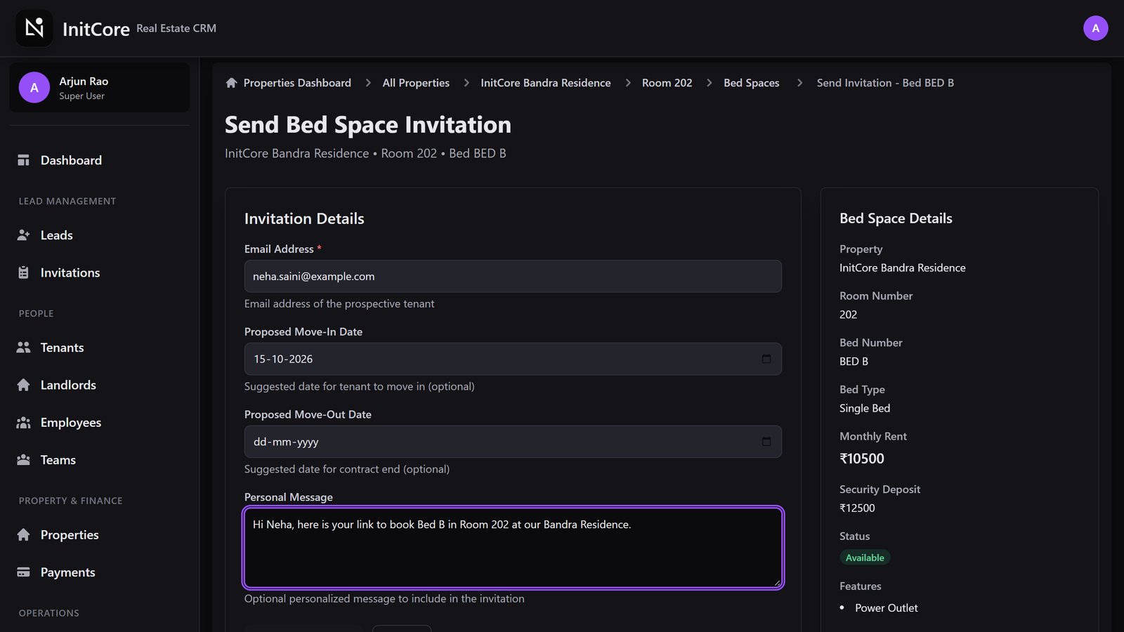 Inviting a prospective tenant to a specific bed by email