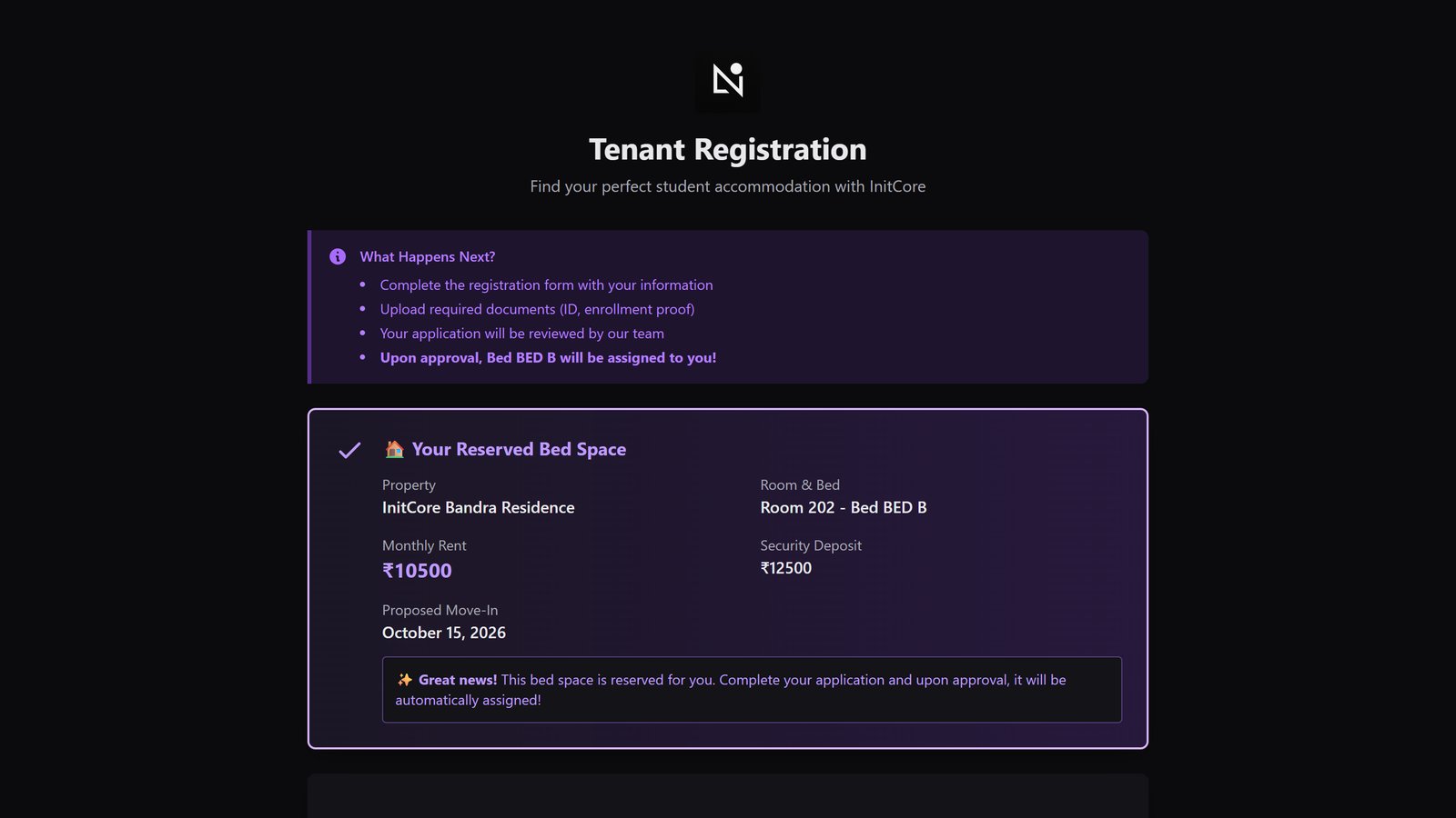 Prospect's registration page showing the reserved bed and rent