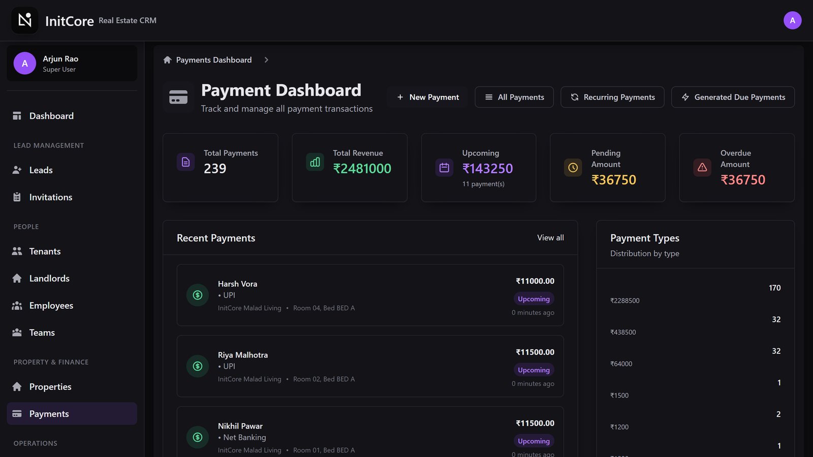 Rent payments dashboard with upcoming, pending and overdue amounts