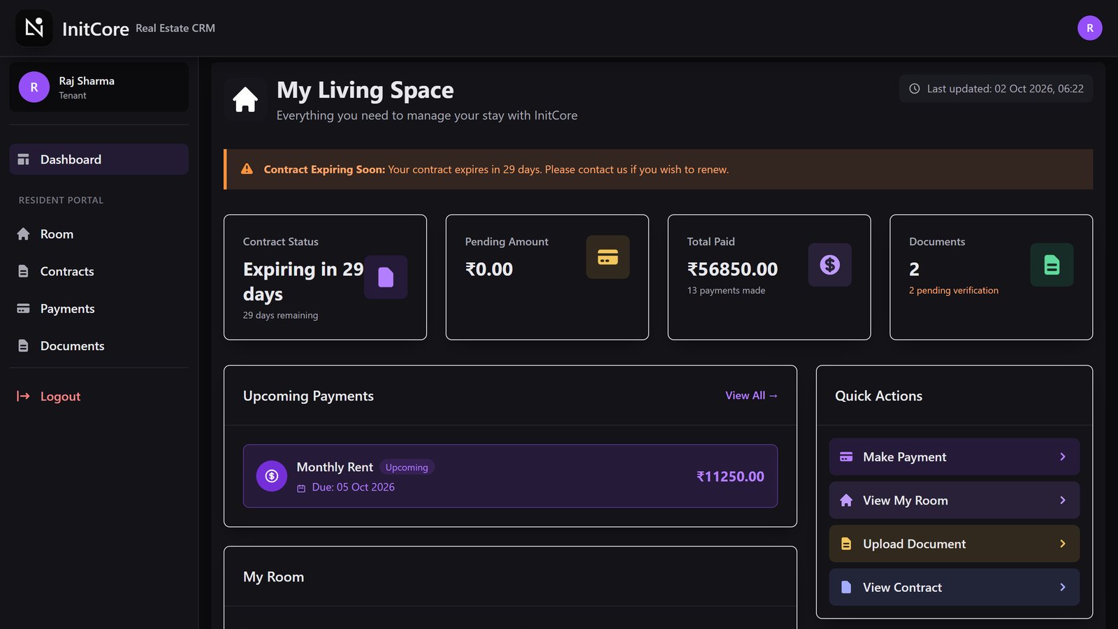 Tenant portal with contract status and upcoming rent