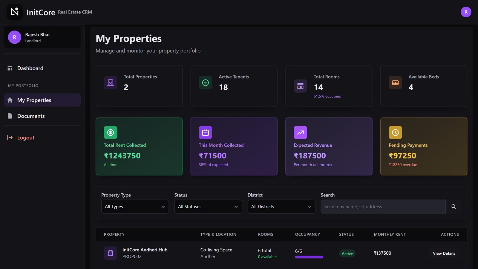Landlord portal with properties and rent collected