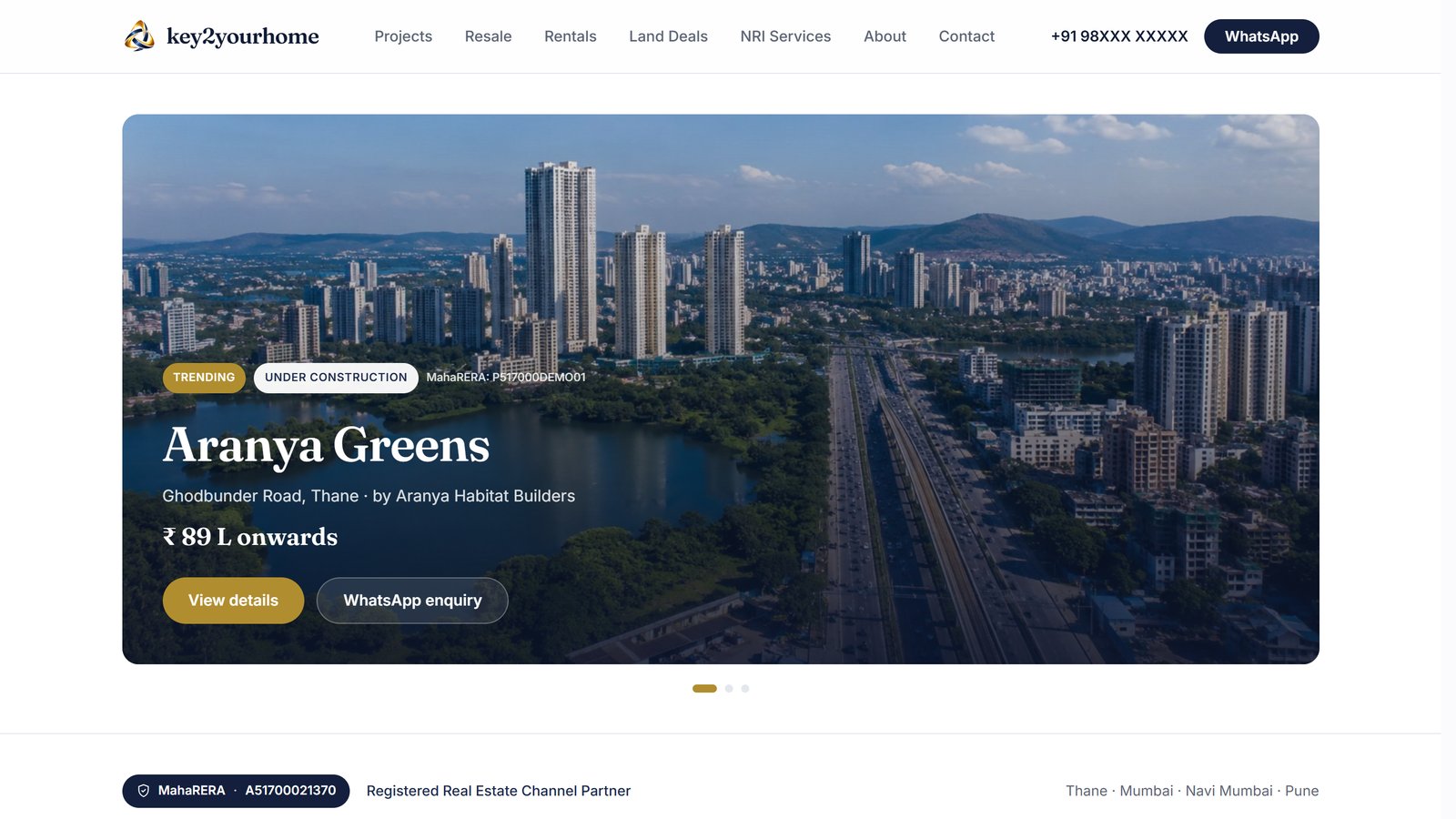 Homepage hero with a trending project, price and MahaRERA number