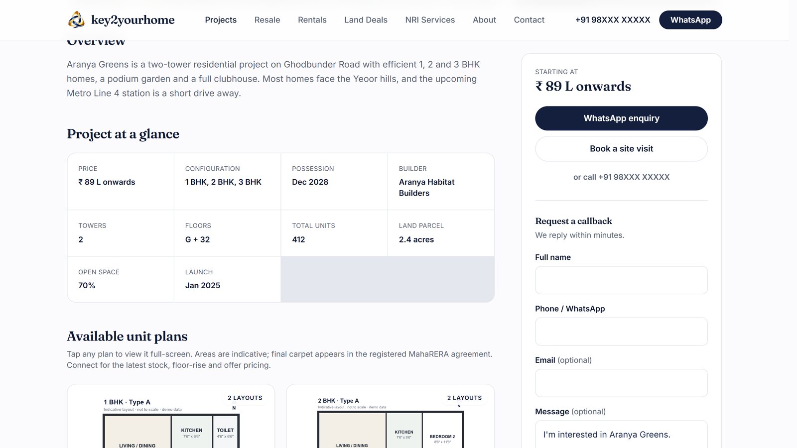 Project facts beside the price and WhatsApp panel