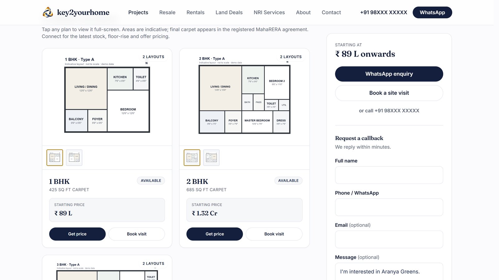 Unit plans with floor plans, carpet area and starting price