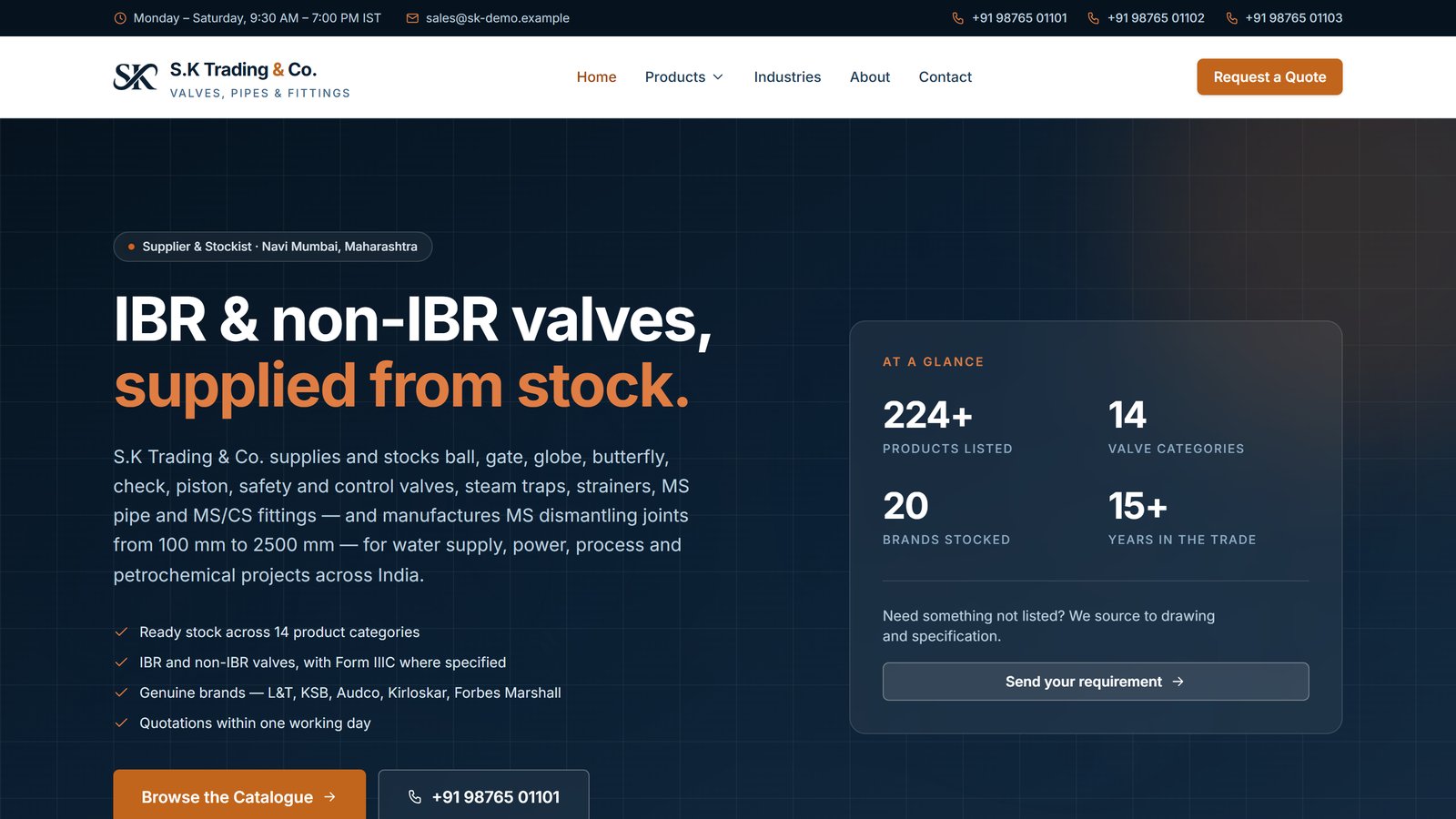 S.K Trading home: IBR and non-IBR valves supplied from stock, with products, categories, brands and years at a glance