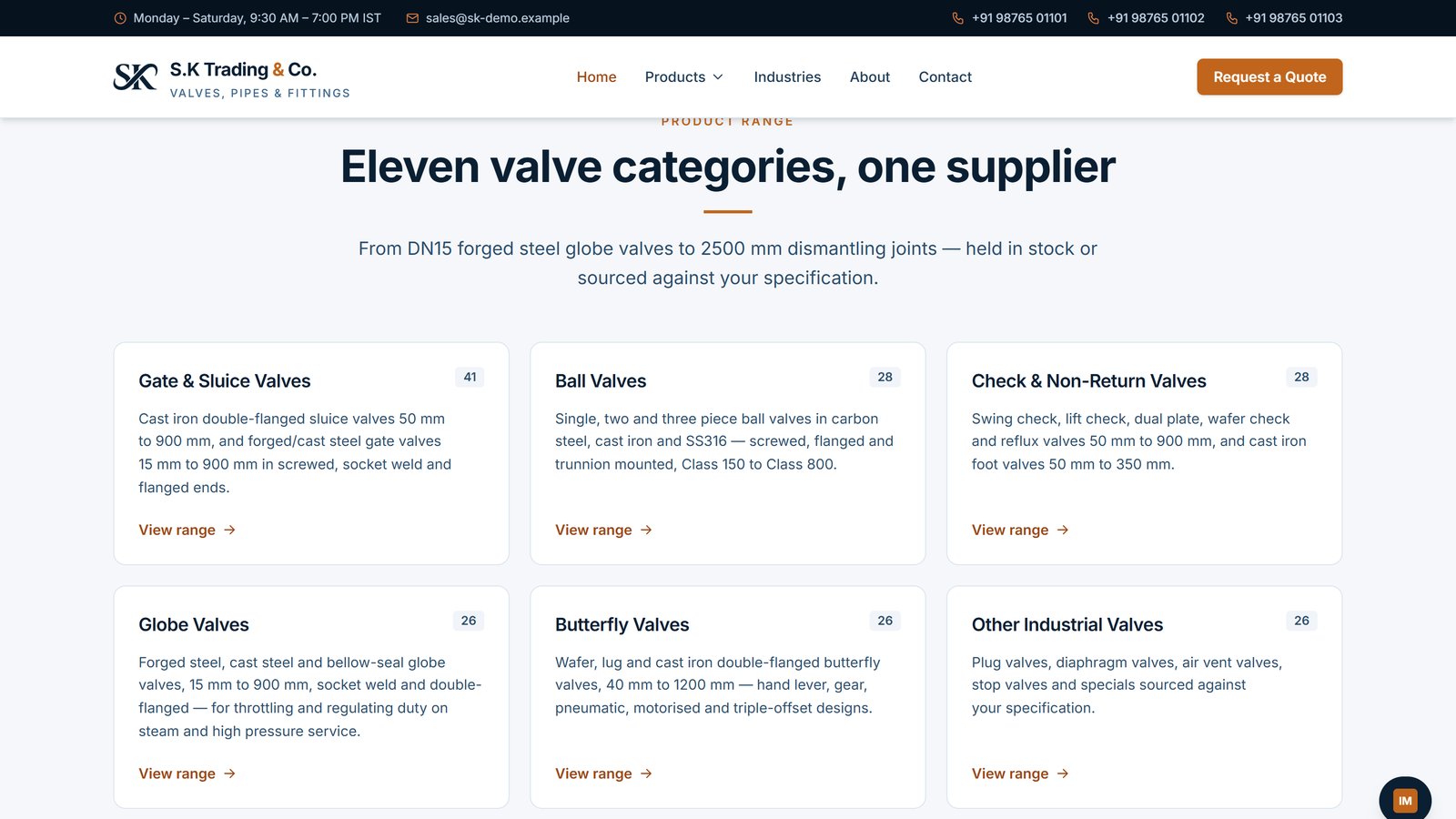 Eleven valve categories with product counts