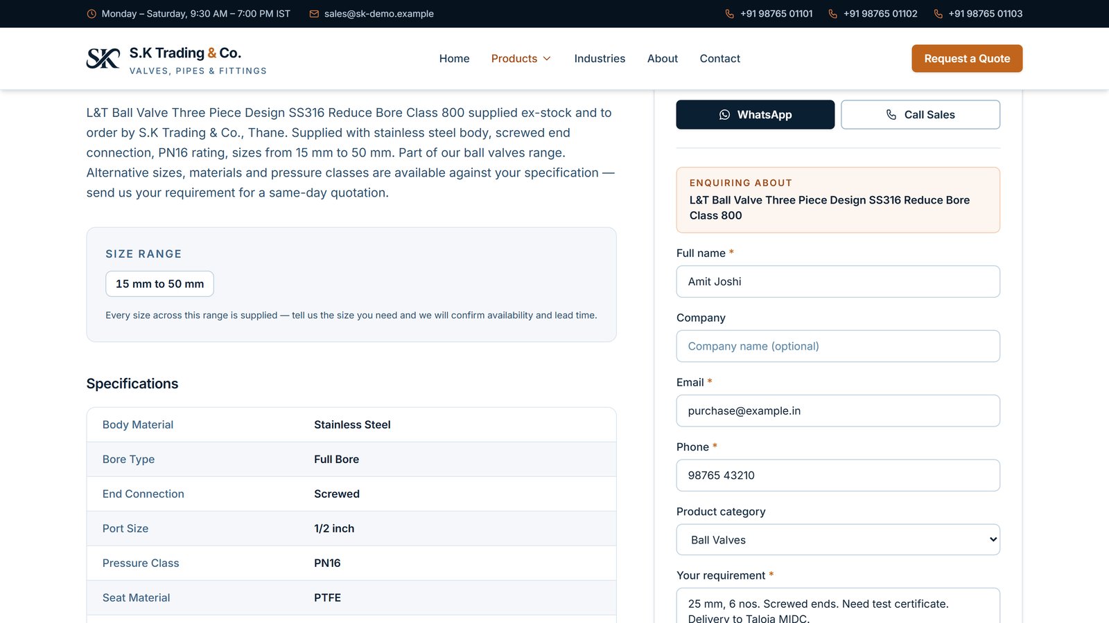 Quote form on the product page, filled with a demo enquiry