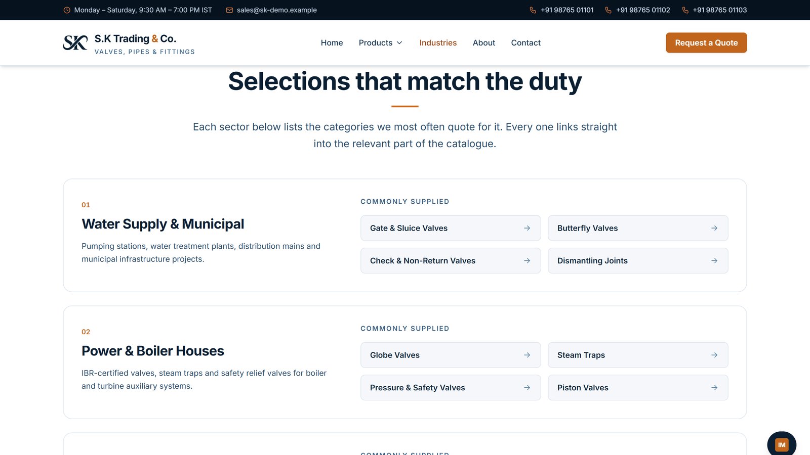 Industry sectors linked to the valve categories they need