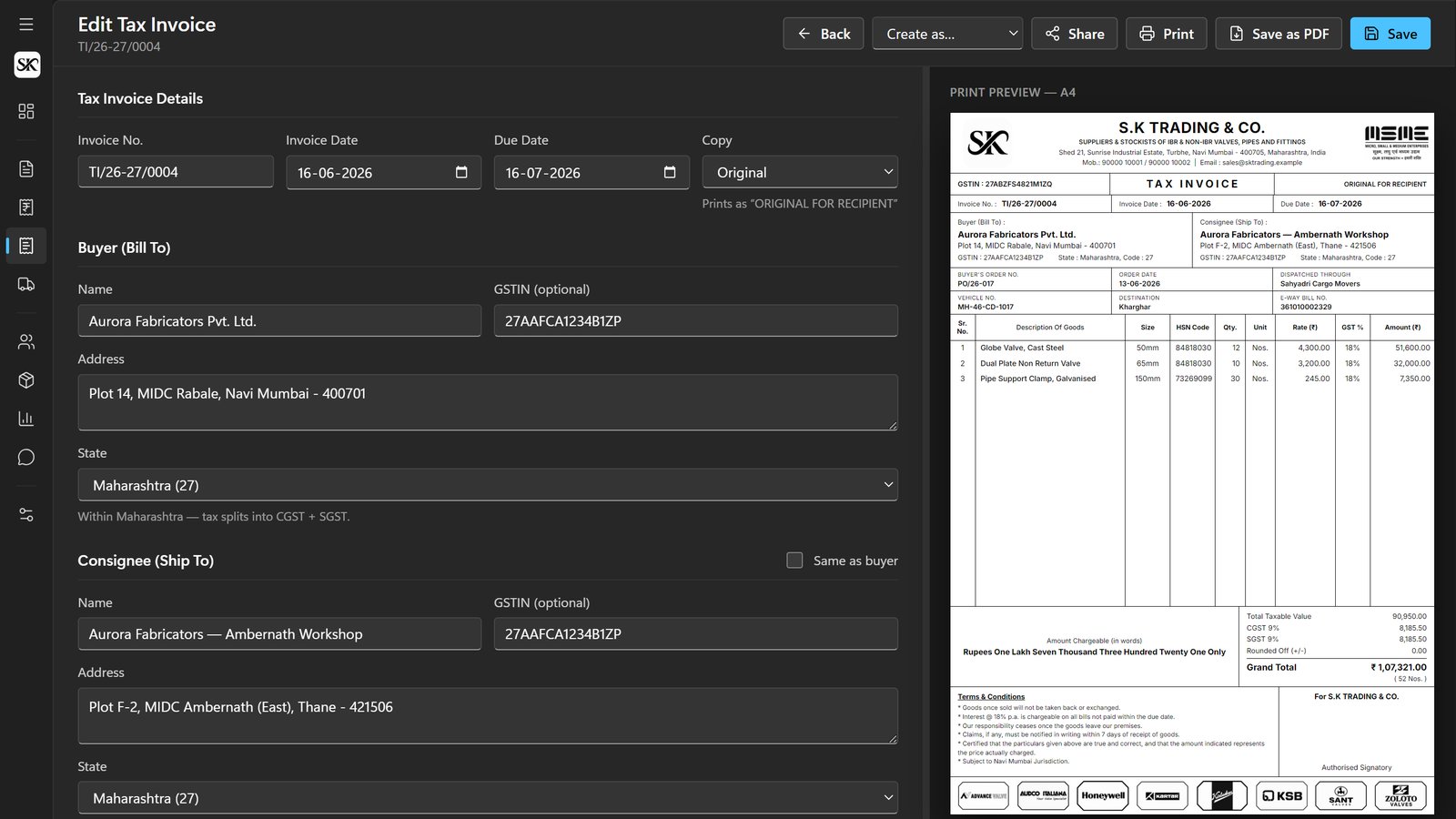 Tax invoice with bill-to, ship-to and dispatch details