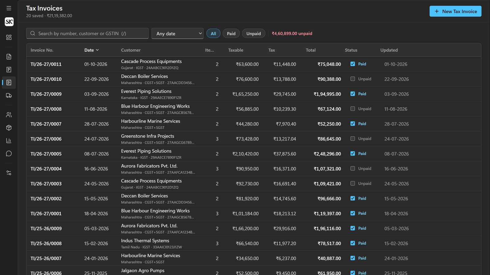 Tax invoices list with paid and unpaid status