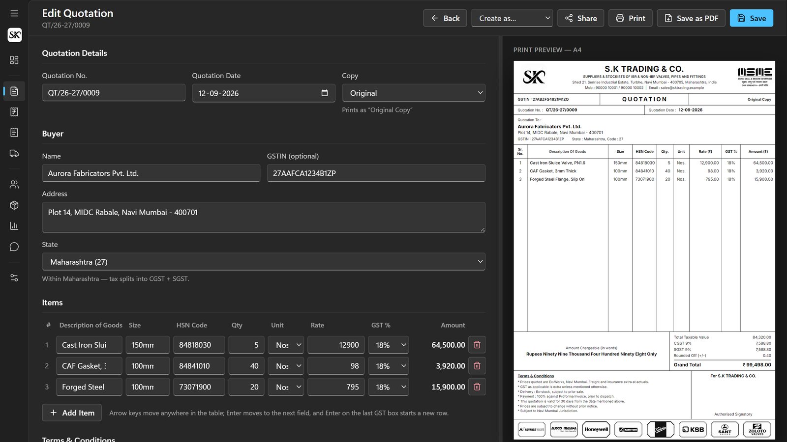 S.K Trading — Billing App: Quotation to GST invoice in one click, with the printed page live