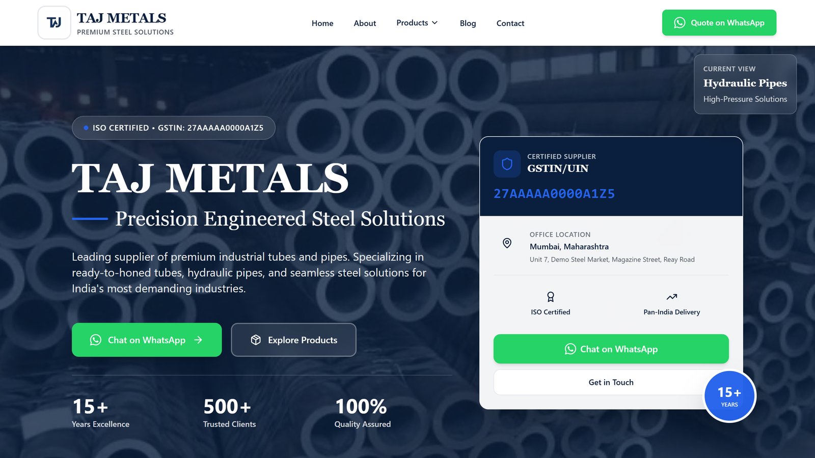 Taj Metals home: precision steel solutions, demo GSTIN, Chat on WhatsApp
