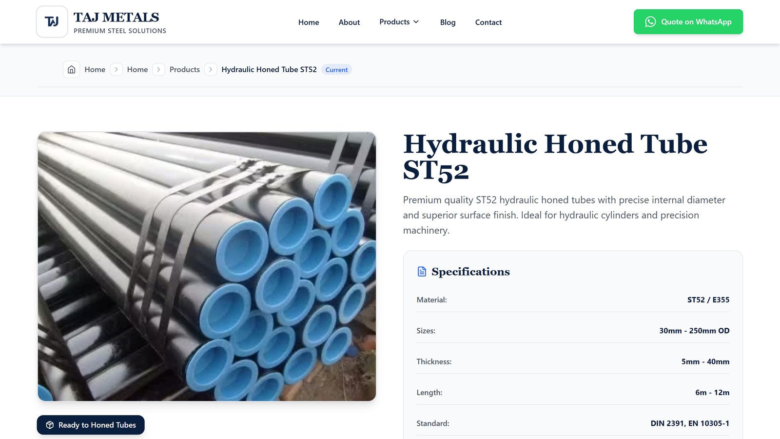 Hydraulic Honed Tube ST52 product page with specifications